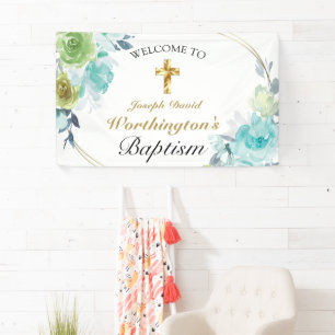 Mooi blauw Floral Gold Cross Baptisme Welkom Spandoek
