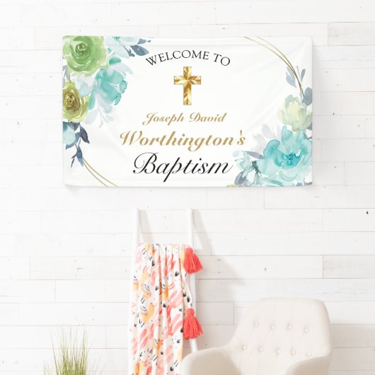 Mooi blauw Floral Gold Cross Baptisme Welkom Spandoek (Insitu)