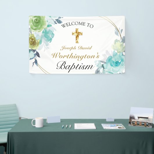 Mooi blauw Floral Gold Cross Baptisme Welkom Spandoek (Beurs)