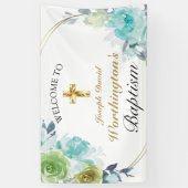 Mooi blauw Floral Gold Cross Baptisme Welkom Spandoek (Verticaal)