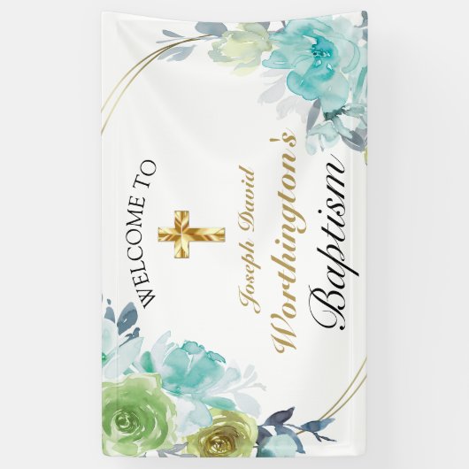 Mooi blauw Floral Gold Cross Baptisme Welkom Spandoek (Verticaal)