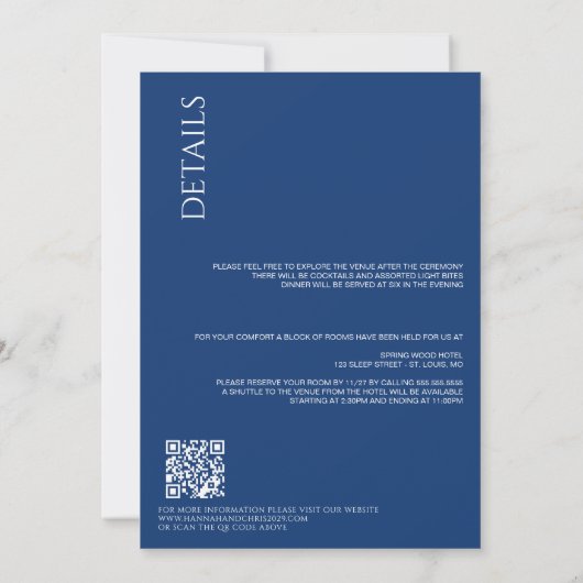 Mooi Blauw met Details & QR Code Bruiloft Kaart (Achterkant)