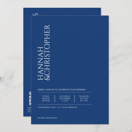 Mooi Blauw met Details & QR Code Bruiloft Kaart (Voorkant / Achterkant)