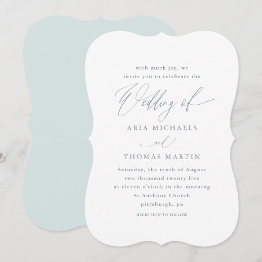 Mooi blauw met kalligrafie bruiloft kaart (Voorkant / Achterkant)