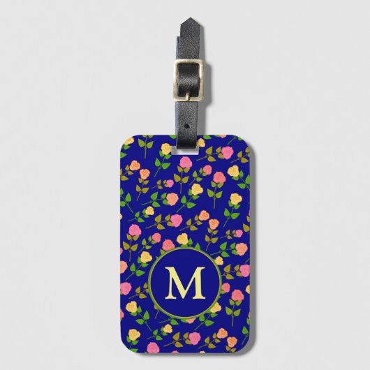 Mooi Blauw Roos Patroon Monogram Bagagelabel (Voorkant (verticaal))