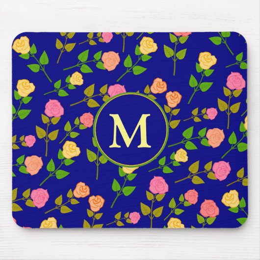 Mooi Blauw Roos Patroon Monogram Muismat (Voorkant)