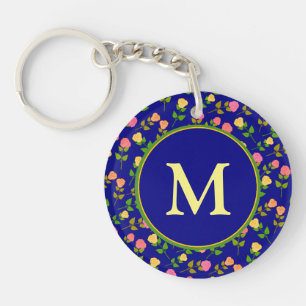 Mooi Blauw Roos Patroon Monogram Sleutelhanger