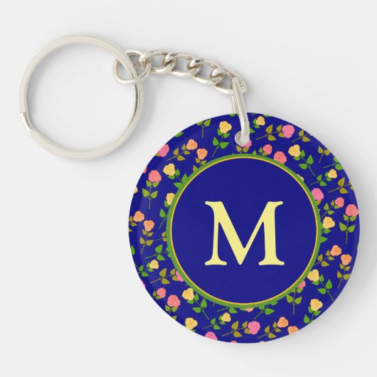 Mooi Blauw Roos Patroon Monogram Sleutelhanger (Voorkant)
