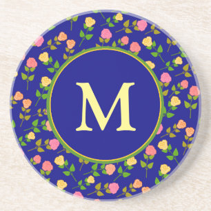 Mooi Blauw Roos Patroon Monogram Zandsteen Onderzetter