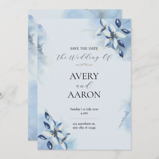 Mooi blauw Save the Date bruiloft uitnodiging (Voorkant / Achterkant)