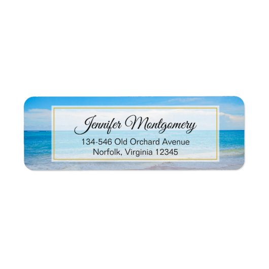 Mooi blauw tropisch strand etiket (Voorkant)