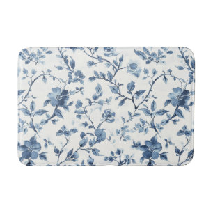 Mooi Blauw Wit Bloemmotief   Badmat