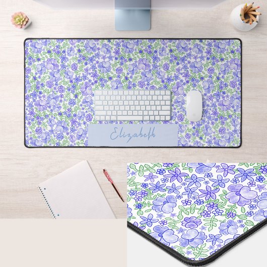 Mooi blauwe en groene bloemige bureaumat met eigen