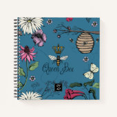 Mooi Blauwe Koningin Bij & Kroon Bloemig Monogram Notitieboek (Voorkant)