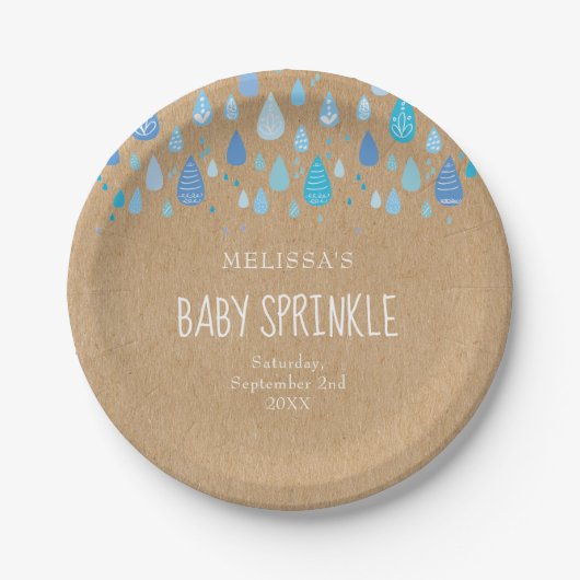 Mooi blauwe regendruppels Baby Sprinkle / Shower B Papieren Bordje (Voorkant)