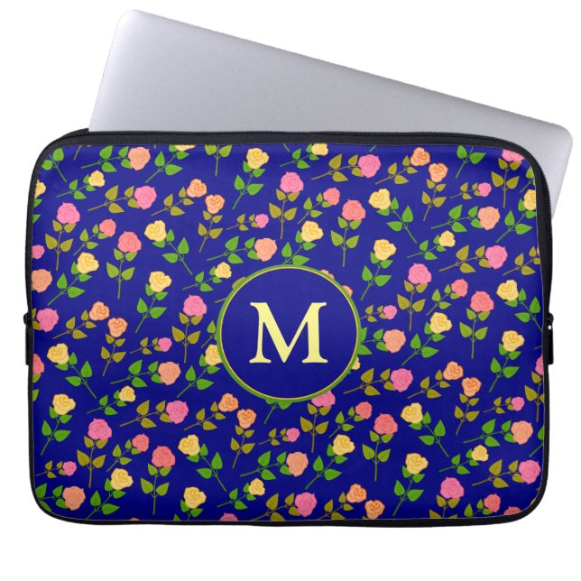 Mooi Blauwe Roos Patroon Monogram Laptop Sleeve (Voorkant)