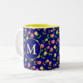 Mooi Blauwe Roos Patroon Monogram Tweekleurige Koffiemok (Voorkant links)
