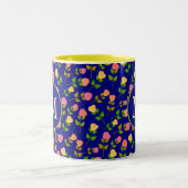 Mooi Blauwe Roos Patroon Monogram Tweekleurige Koffiemok (Center)