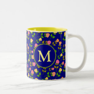 Mooi Blauwe Roos Patroon Monogram Tweekleurige Koffiemok