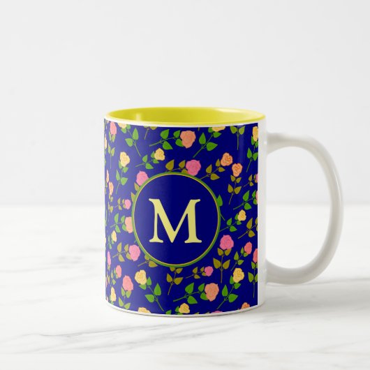 Mooi Blauwe Roos Patroon Monogram Tweekleurige Koffiemok (Rechts)