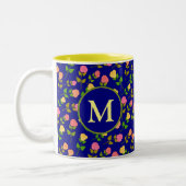 Mooi Blauwe Roos Patroon Monogram Tweekleurige Koffiemok (Links)