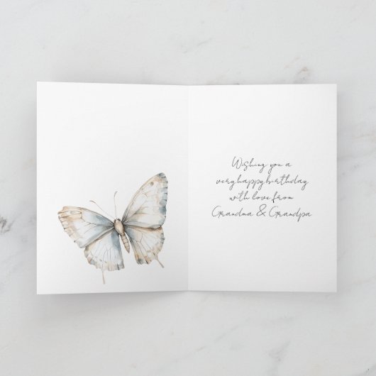 Mooi blauwe witte vlinder bloemige verjaardag kaart (Binnen)