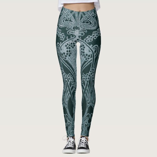 Mooi, blauwgroen zilver, art nouveau patroon, flor leggings (Voorkant)