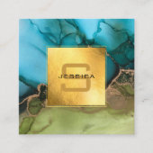 Mooi Blauwgroen zwart monogram voor Gold Vierkante Visitekaartje (Voorkant)