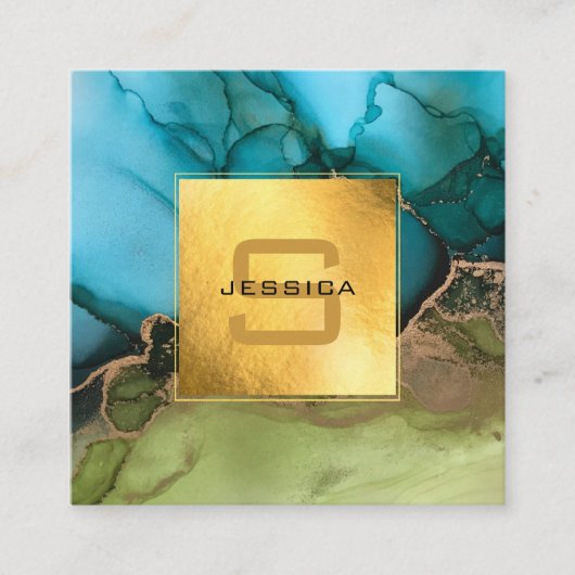 Mooi Blauwgroen zwart monogram voor Gold Vierkante Visitekaartje (Voorkant)