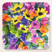 Mooi bloemenpatroon, helder geel en roze, kartonnen onderzetters (Voorkant)