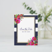 Mooi Bloemmotief Blauw & Goud Elegant Bewaar de Da Aankondigingskaart (Staand voorkant)