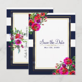 Mooi bloemmotief blauw & goud elegant save the dat aankondigingskaart (Voorkant / Achterkant)