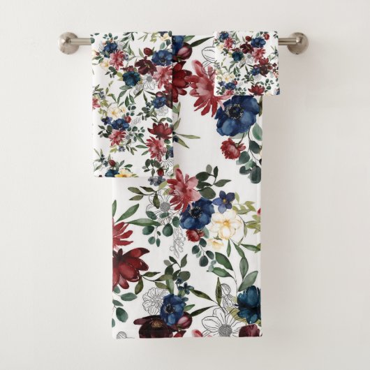 Mooi bloemmotief bloemen blauw rood geel bad handdoek (Insitu)