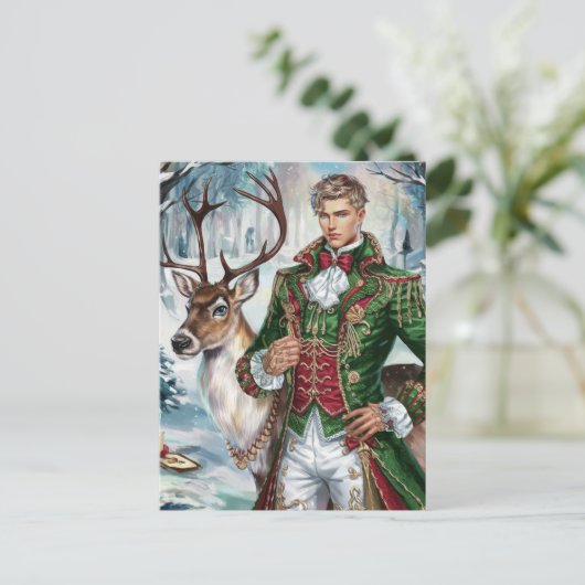 Mooi blond man en een kerstrendier briefkaart (Staand voorkant)