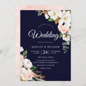 Mooi Blooming White en Blush Floral Wedding Kaart (Voorkant / Achterkant)