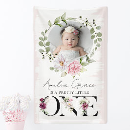 Mooi blozend bloemen Eerste verjaardag baby foto Spandoek