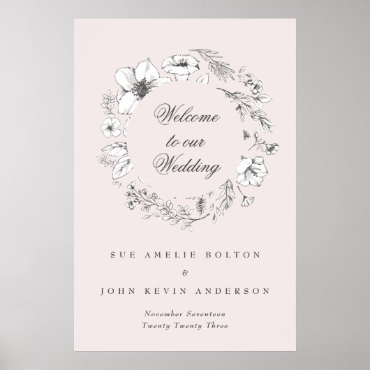 Mooi Blush Floral Monogram Sketched Welkom Poster (Voorkant)