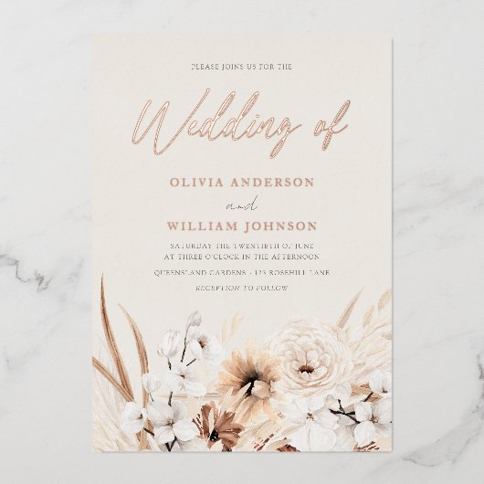 Mooi Boho Beige Floral Wedding Roos Gold Folie Uitnodiging (Voorkant)