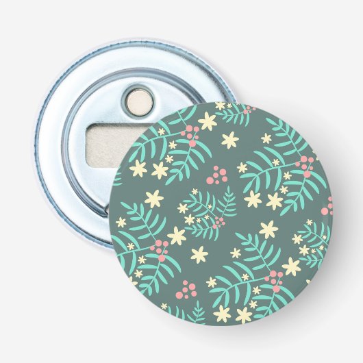 Mooi botanisch blad en bessen blauw patroon button flesopener (Voorkant)