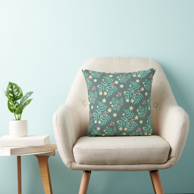 Mooi botanisch blad en bessen blauw patroon kussen (Stoel)
