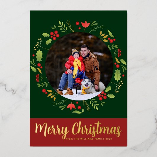 Mooi Botanisch kerstfeest met foto Gold Folie Feestdagenkaart (Voorkant)