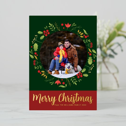 Mooi Botanisch kerstfeest met foto Gold Folie Feestdagenkaart (Staand Voorkant)