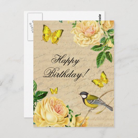 Mooi briefkaart met rozen en vogeltjes (Voorkant / Achterkant)