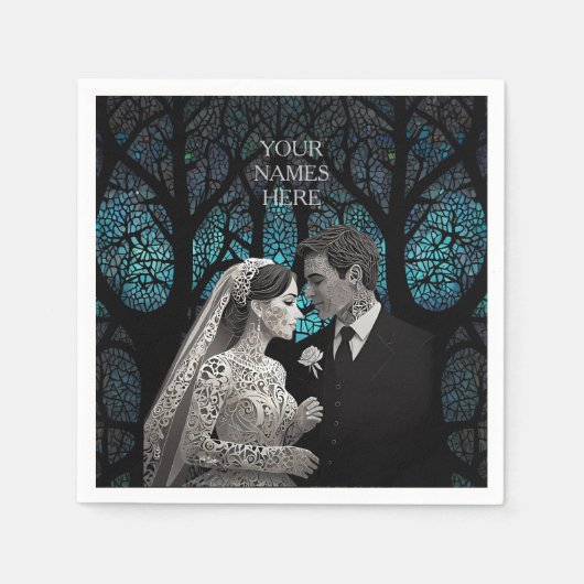 Mooi bruidspaar op een blauwe Boom des Levens Servet (Voorkant)