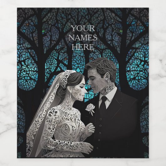 Mooi bruidspaar op een blauwe Boom des Levens Wijn Etiket (Enkel label)