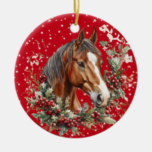 MOOI BRUIN EN WIT KERSTPAARD KERAMISCH ORNAMENT