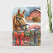 Mooi bruin paard bij een feestelijke kerststal kaart (Voorkant)