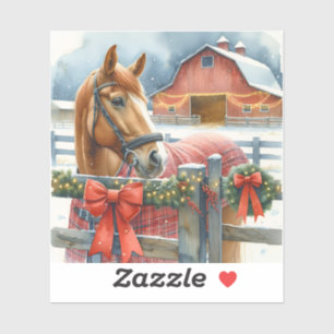 Mooi bruin paard bij een feestelijke kerststal sticker