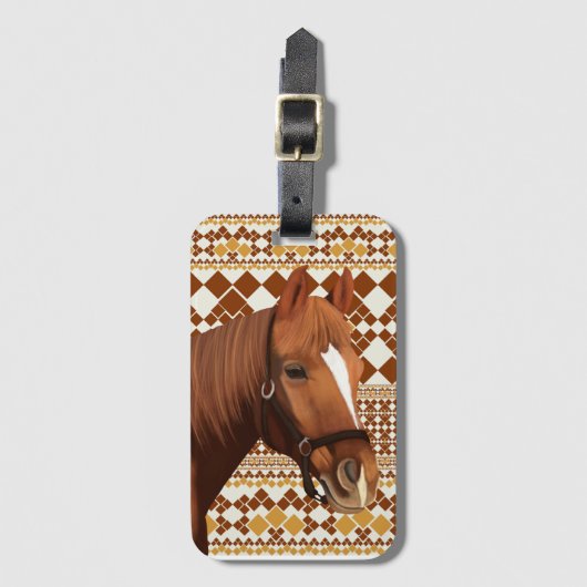 Mooi bruin paard op aards geometrisch patroon bagagelabel (Voorkant (verticaal))