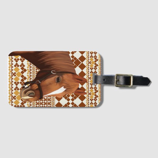 Mooi bruin paard op aards geometrisch patroon bagagelabel (Voorkant (horizontaal))